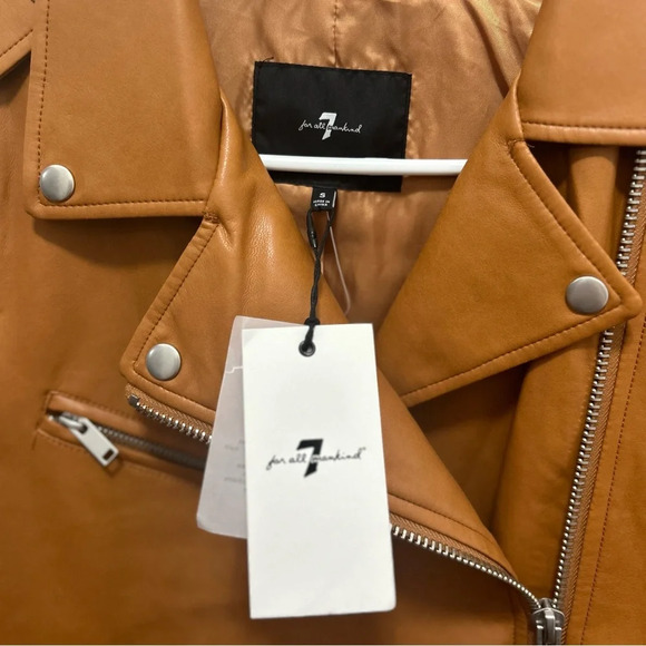 7 For All Mankind Camel Brown Faux Leather Motto Biker Jacket NWT Small - Picture 2 of 8